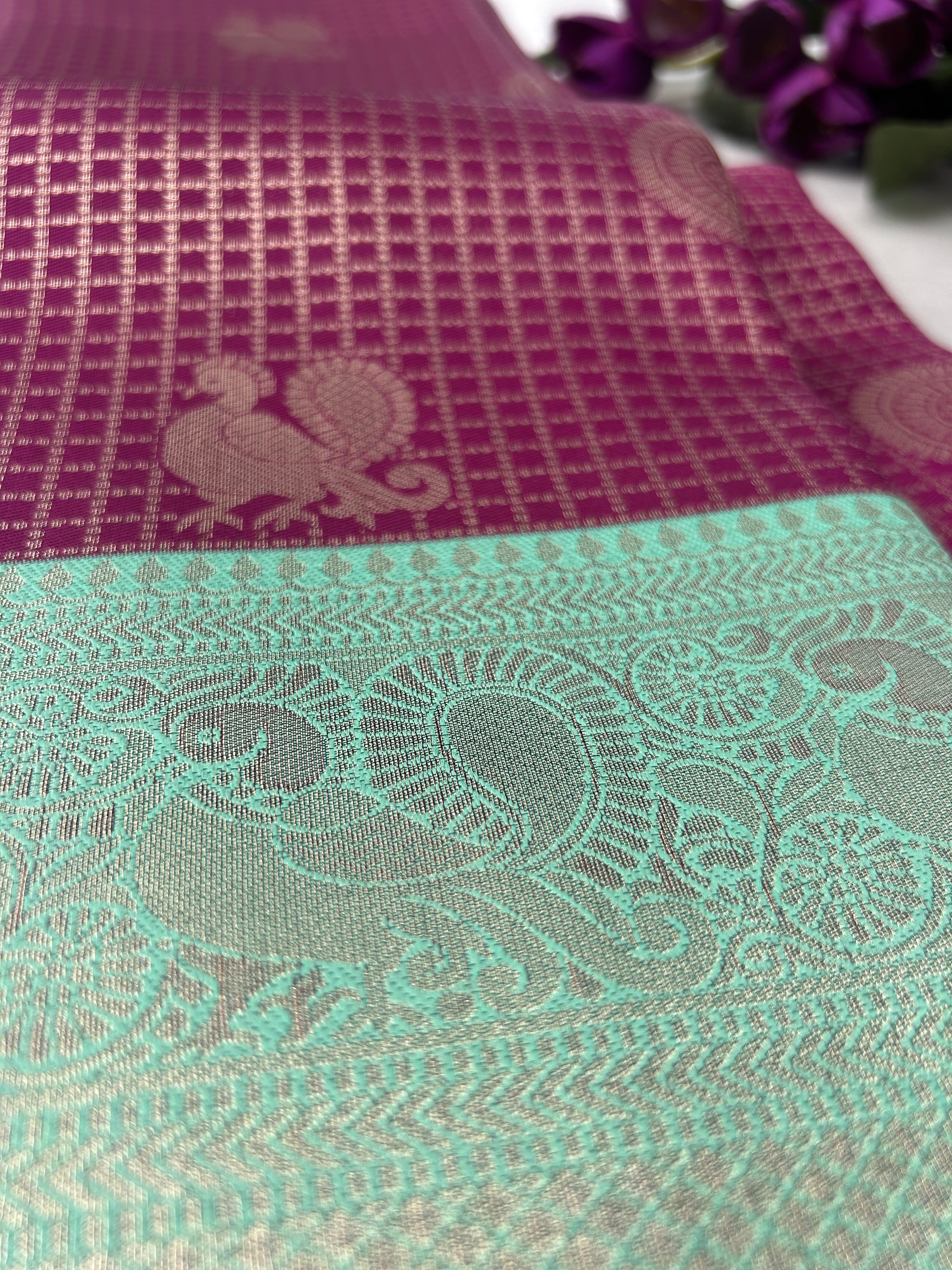 Rich wine-purple Kanchipuram silk saree features intricate gold zari checks|Krisa  |limited time offer