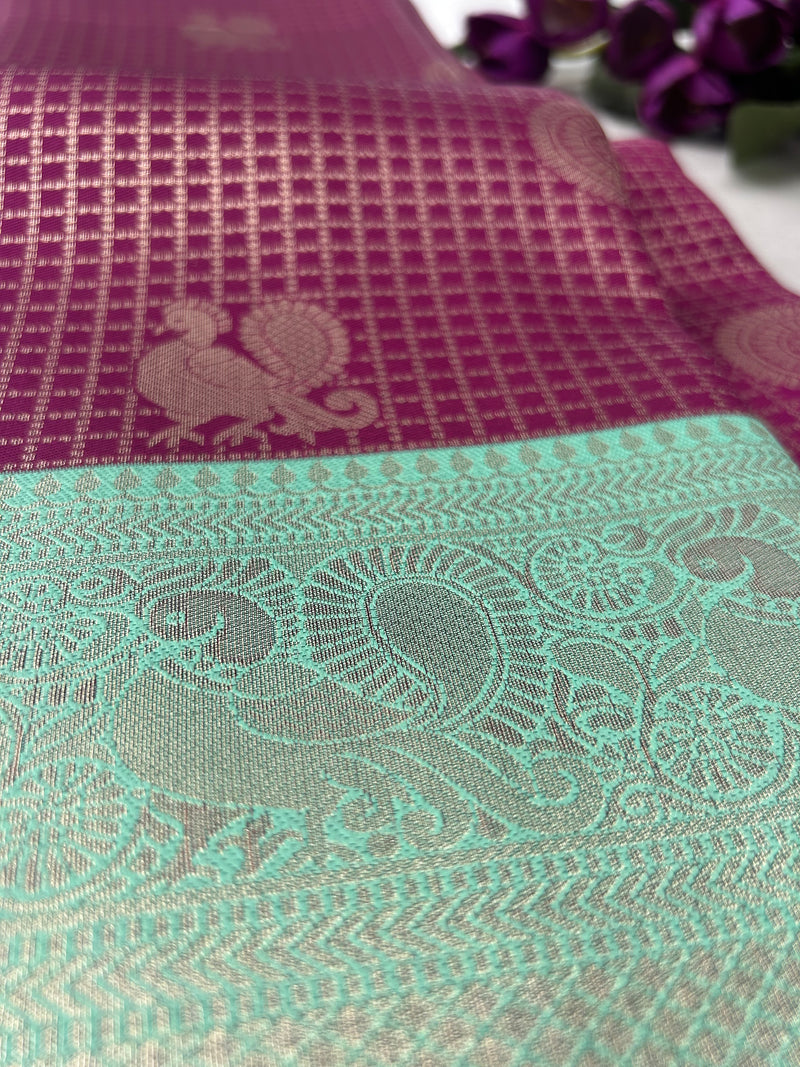 Rich wine-purple Kanchipuram silk saree features intricate gold zari checks|Krisa  |limited time offer