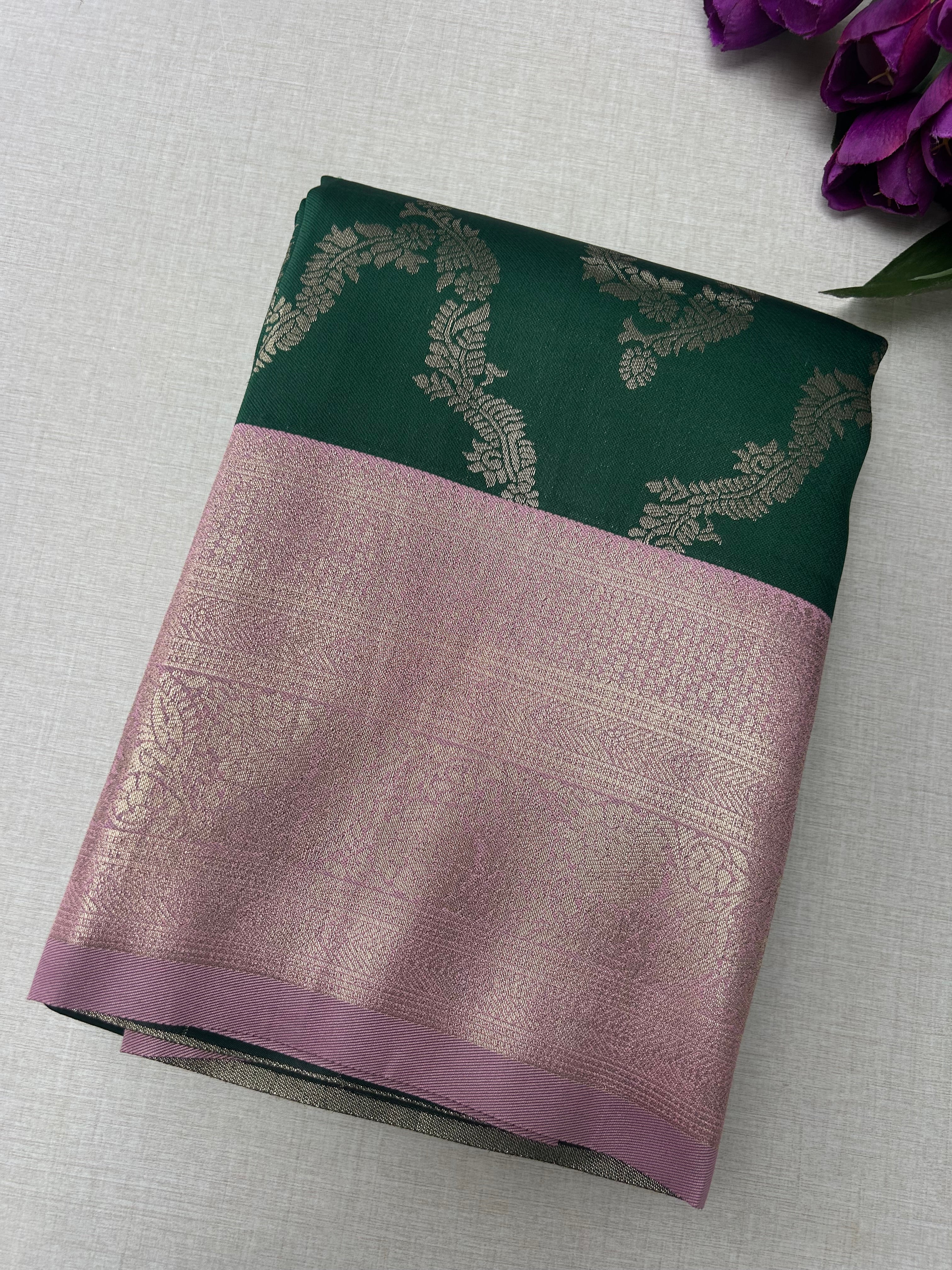 Premium Emerald Green Kanchipuram Silk Saree with Rose Pink Zari Border | Budget-Friendly Traditional Elegance | KRISA COLLECTIONS