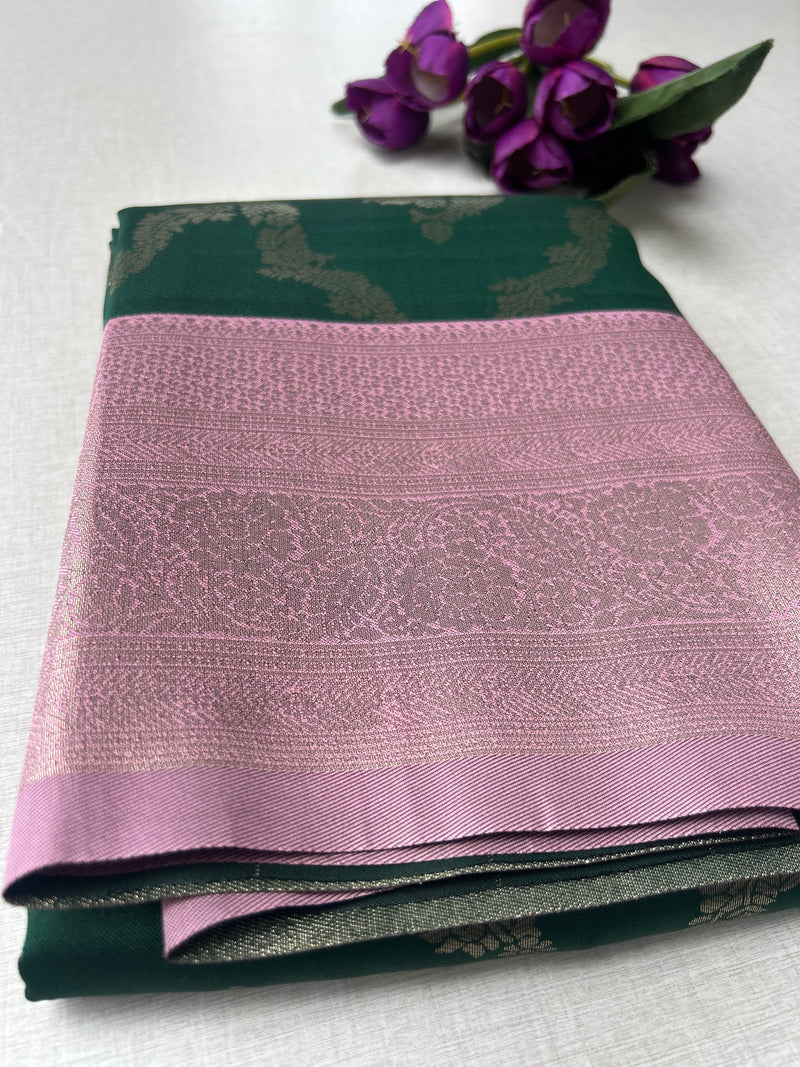 Premium Emerald Green Kanchipuram Silk Saree with Rose Pink Zari Border | Budget-Friendly Traditional Elegance | KRISA COLLECTIONS