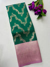 Premium Emerald Green Kanchipuram Silk Saree with Rose Pink Zari Border | Budget-Friendly Traditional Elegance | KRISA COLLECTIONS