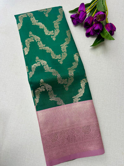 Premium Emerald Green Kanchipuram Silk Saree with Rose Pink Zari Border | Budget-Friendly Traditional Elegance | KRISA COLLECTIONS