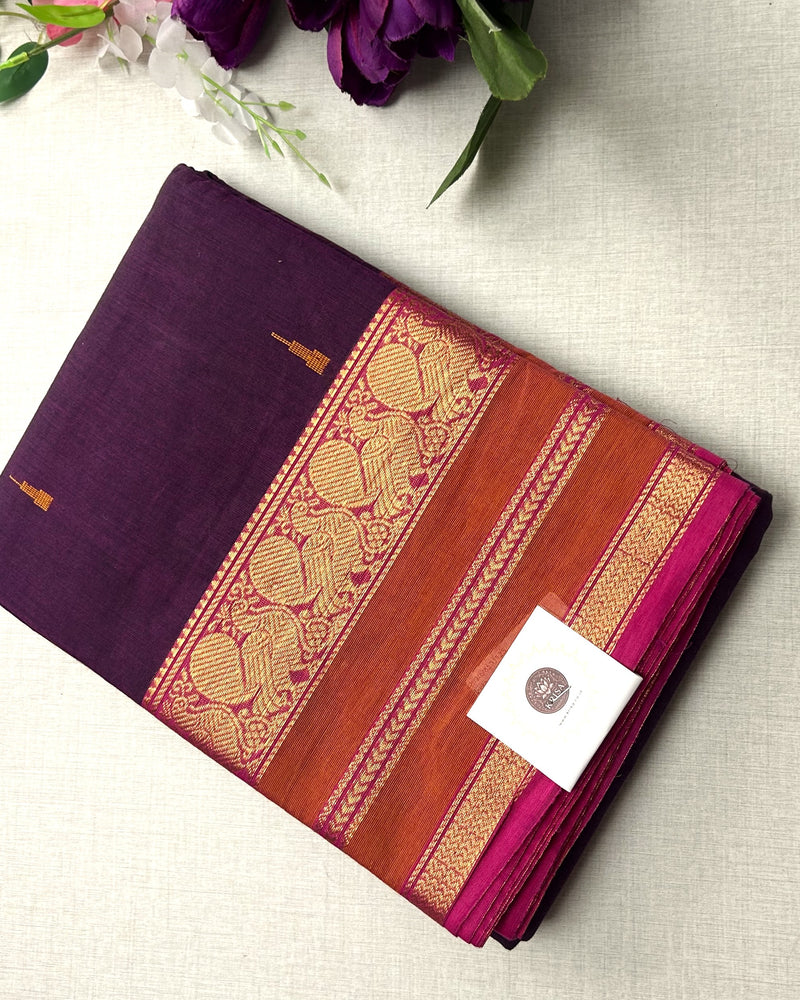 Premium Plum Purple Kanchi Cotton Saree with Rust Orange & Magenta Zari Border | KRISA COLLECTIONS