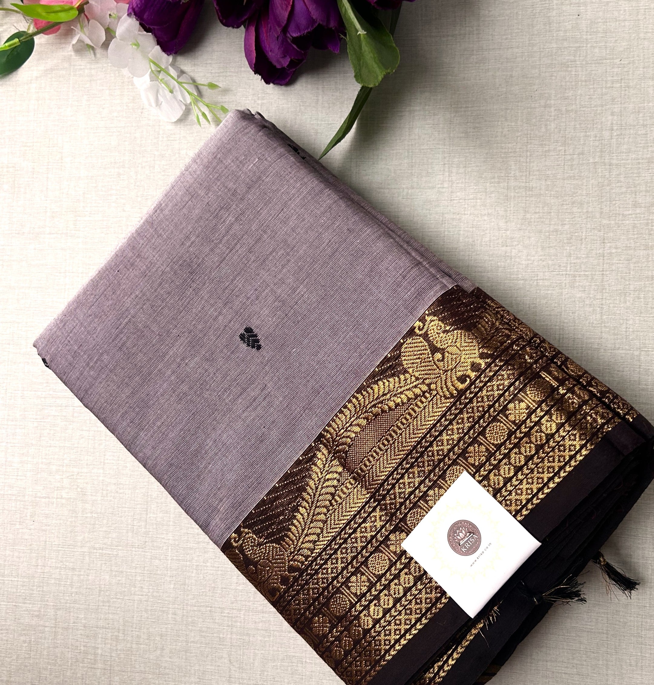 Premium Ash Grey Kanchi Cotton Saree with Black Antique Zari Border | KRISA COLLECTIONS