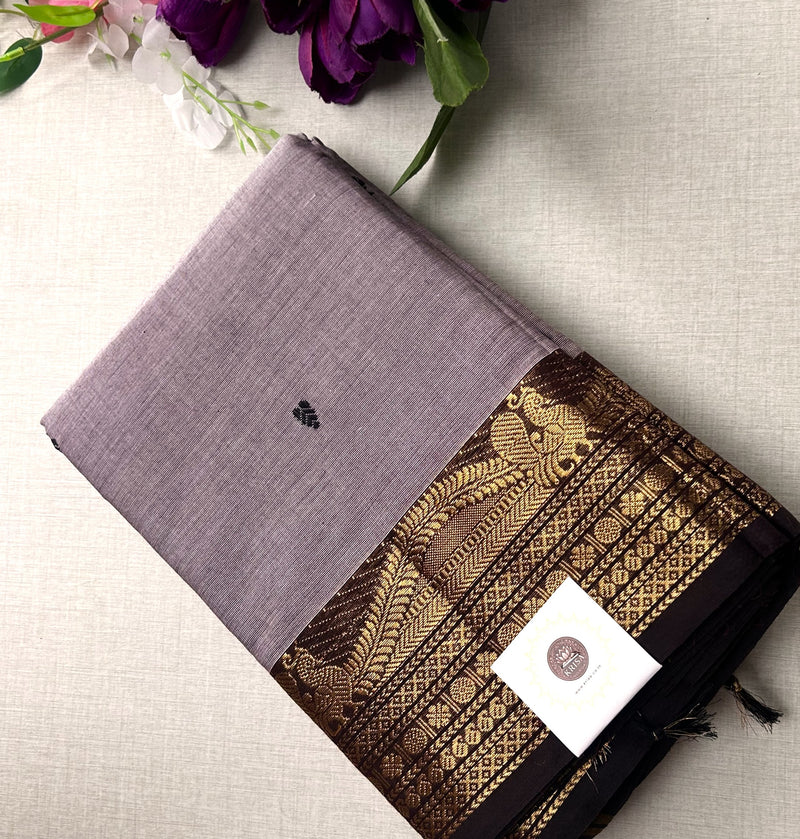 Premium Ash Grey Kanchi Cotton Saree with Black Antique Zari Border | KRISA COLLECTIONS