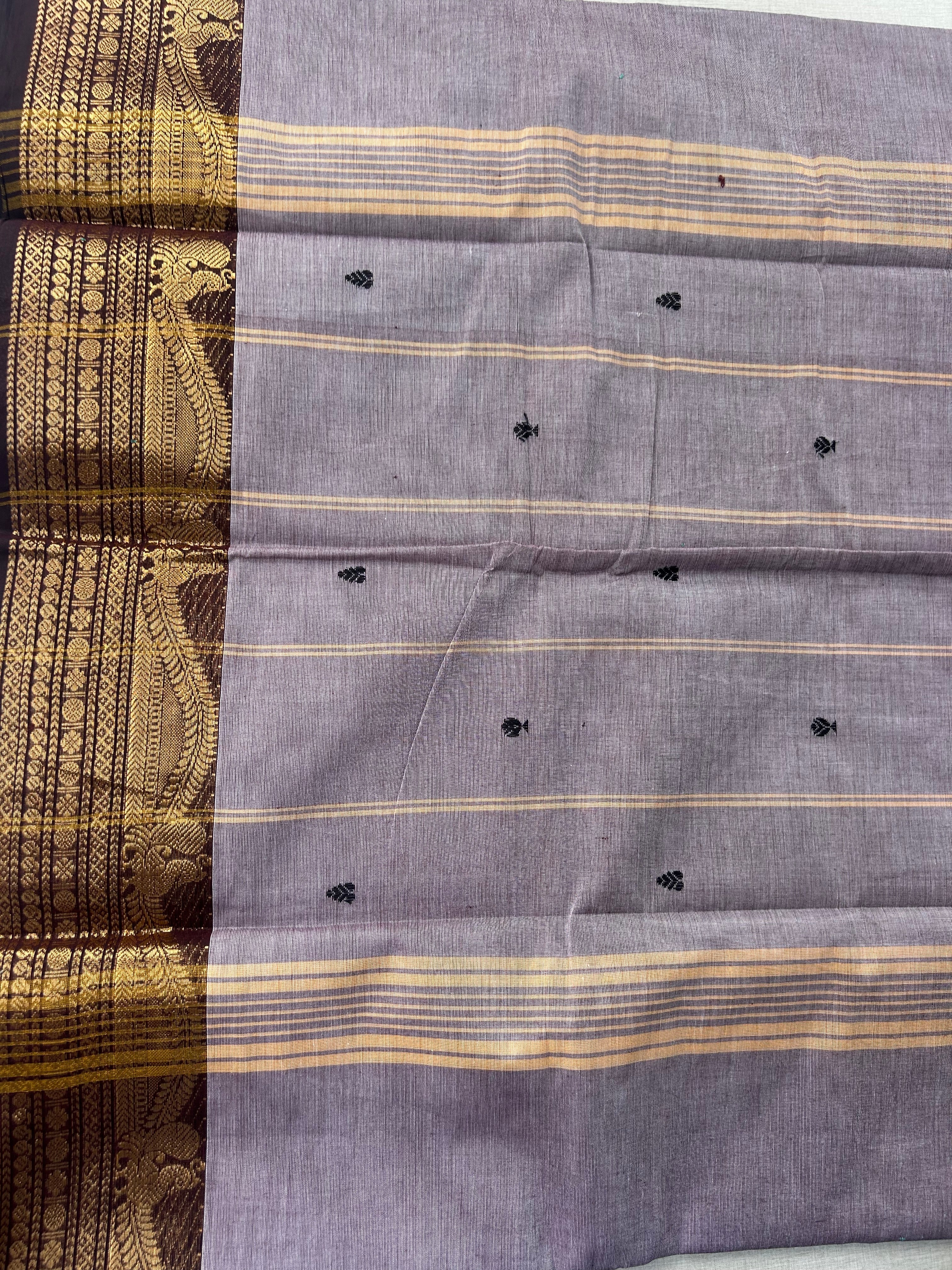 Premium Ash Grey Kanchi Cotton Saree with Black Antique Zari Border | KRISA COLLECTIONS
