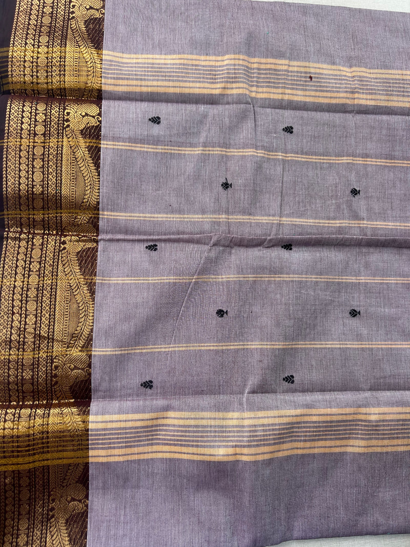 Premium Ash Grey Kanchi Cotton Saree with Black Antique Zari Border | KRISA COLLECTIONS