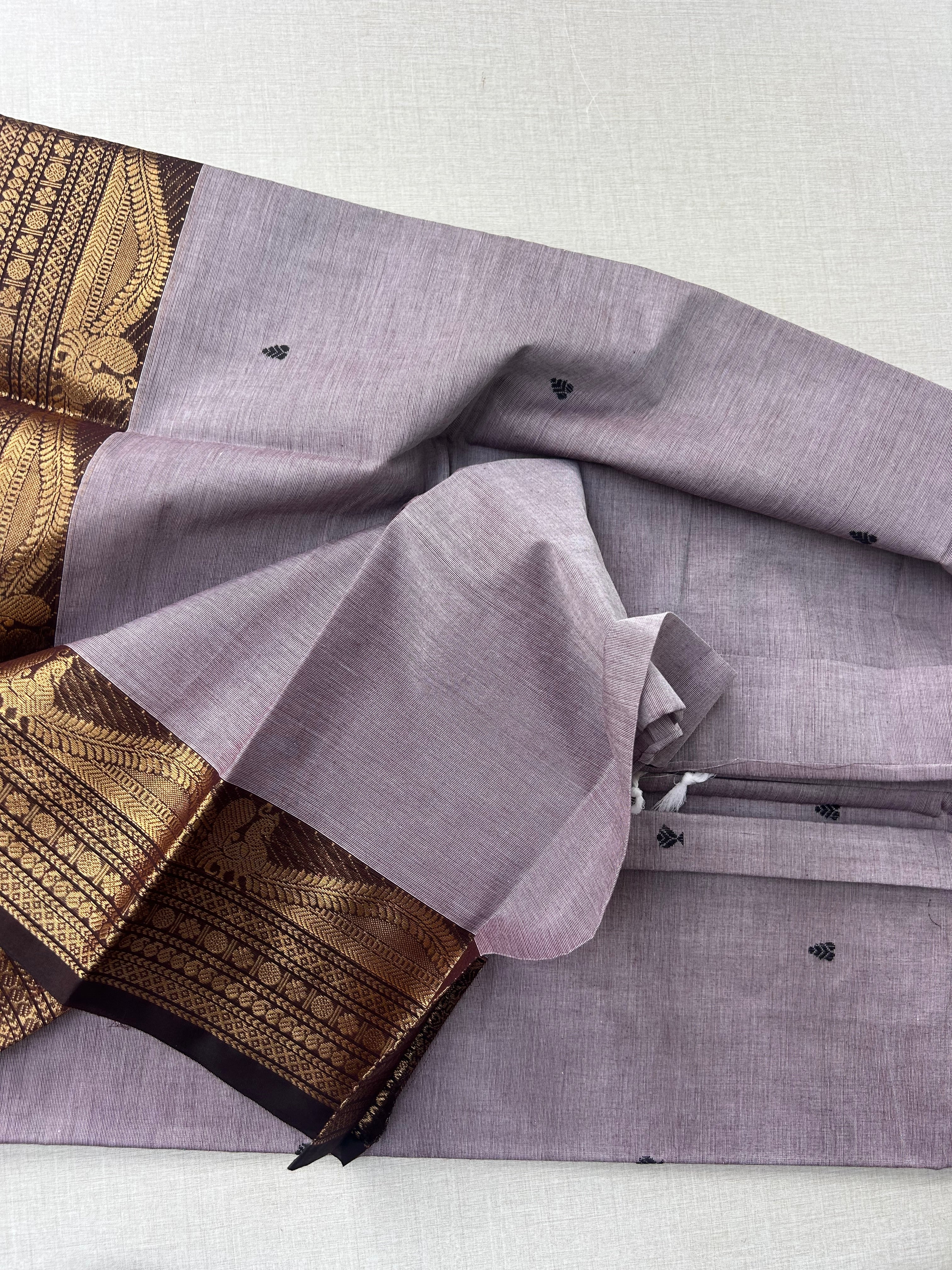 Premium Ash Grey Kanchi Cotton Saree with Black Antique Zari Border | KRISA COLLECTIONS