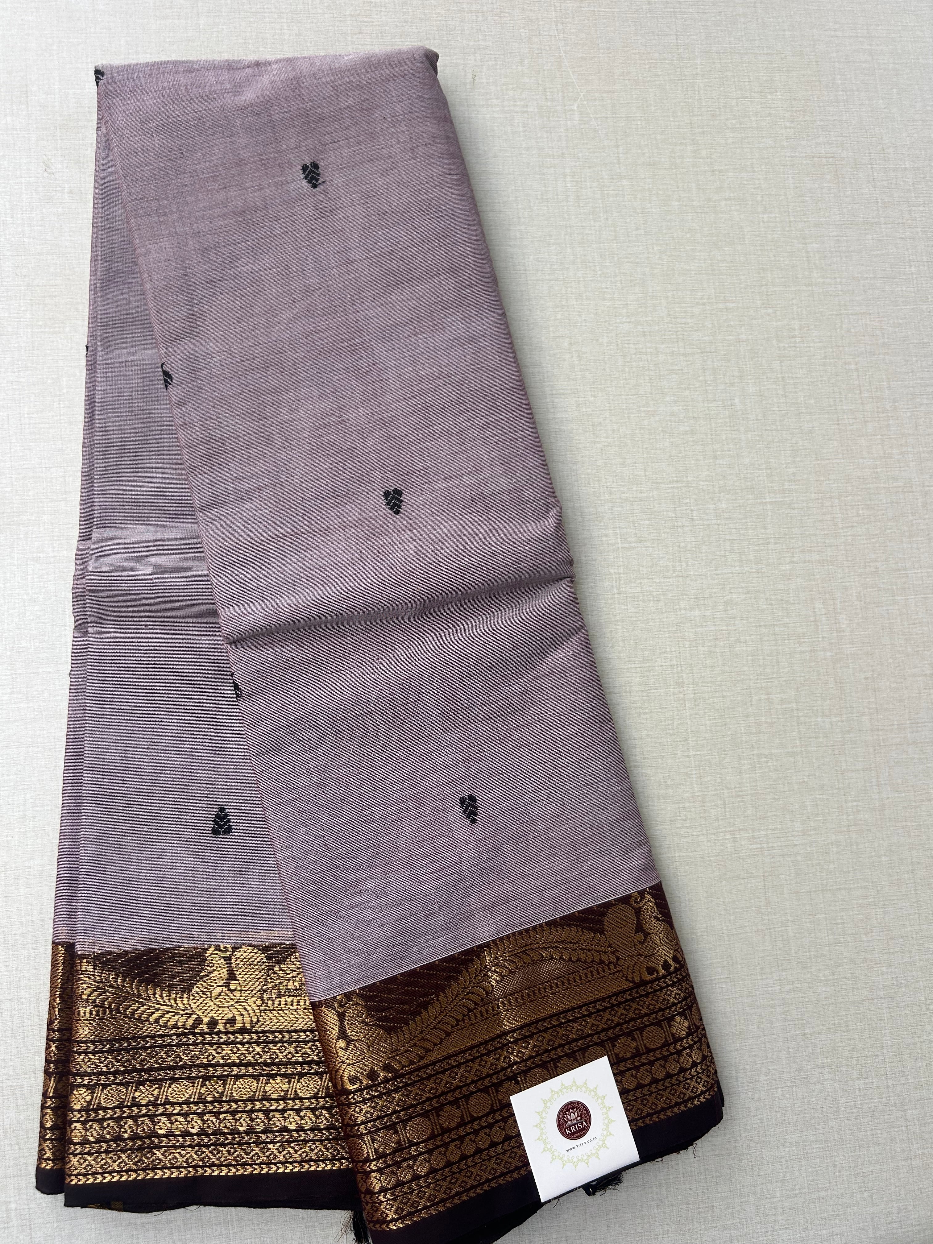 Premium Ash Grey Kanchi Cotton Saree with Black Antique Zari Border | KRISA COLLECTIONS