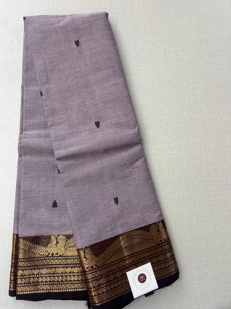 Premium Ash Grey Kanchi Cotton Saree with Black Antique Zari Border | KRISA COLLECTIONS