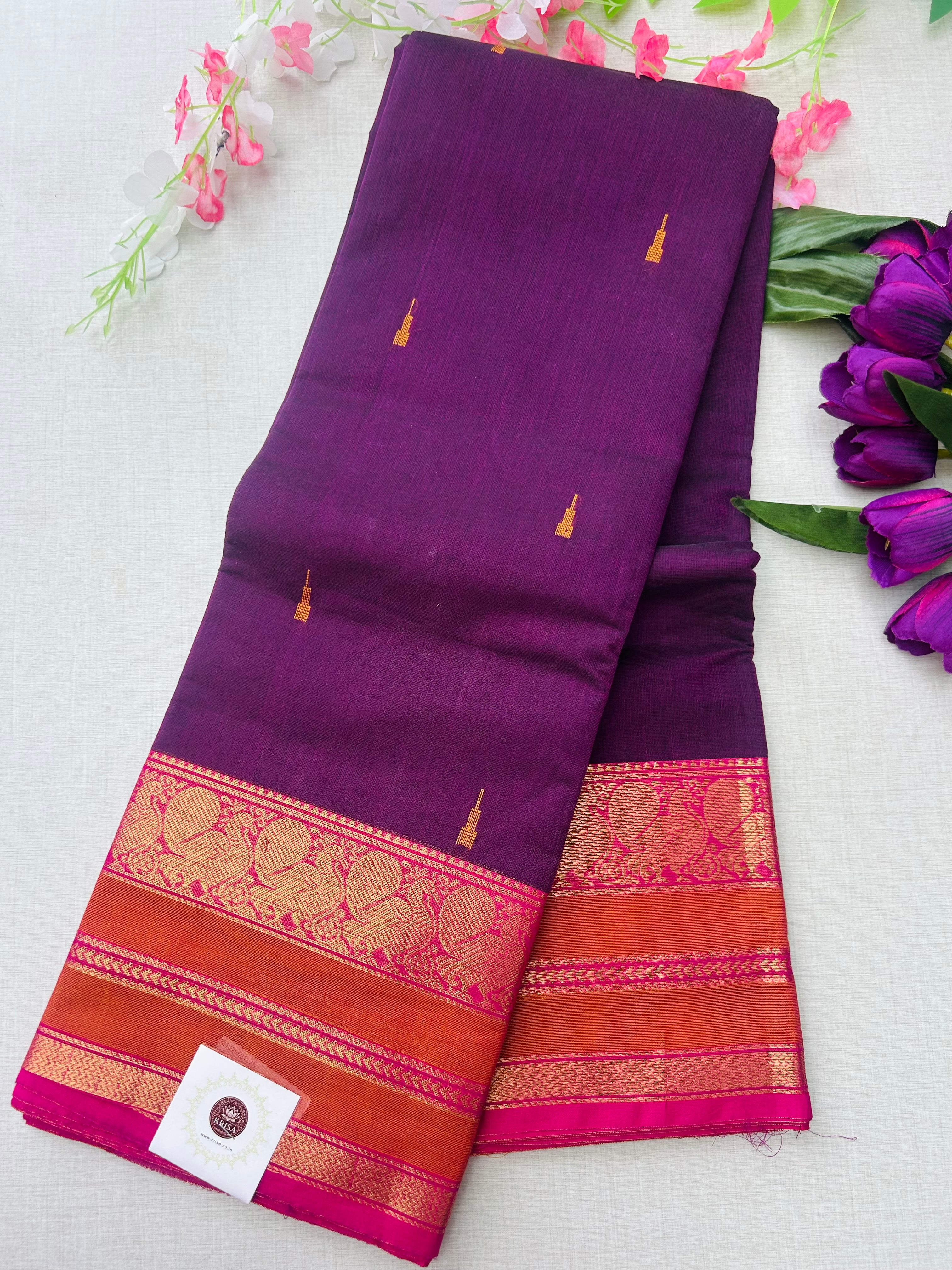 Premium Plum Purple Kanchi Cotton Saree with Rust Orange & Magenta Zari Border 120 count | KRISA COLLECTIONS