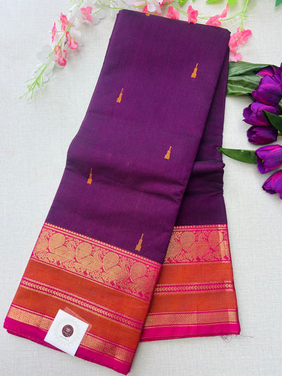 Premium Plum Purple Kanchi Cotton Saree with Rust Orange & Magenta Zari Border 120 count | KRISA COLLECTIONS