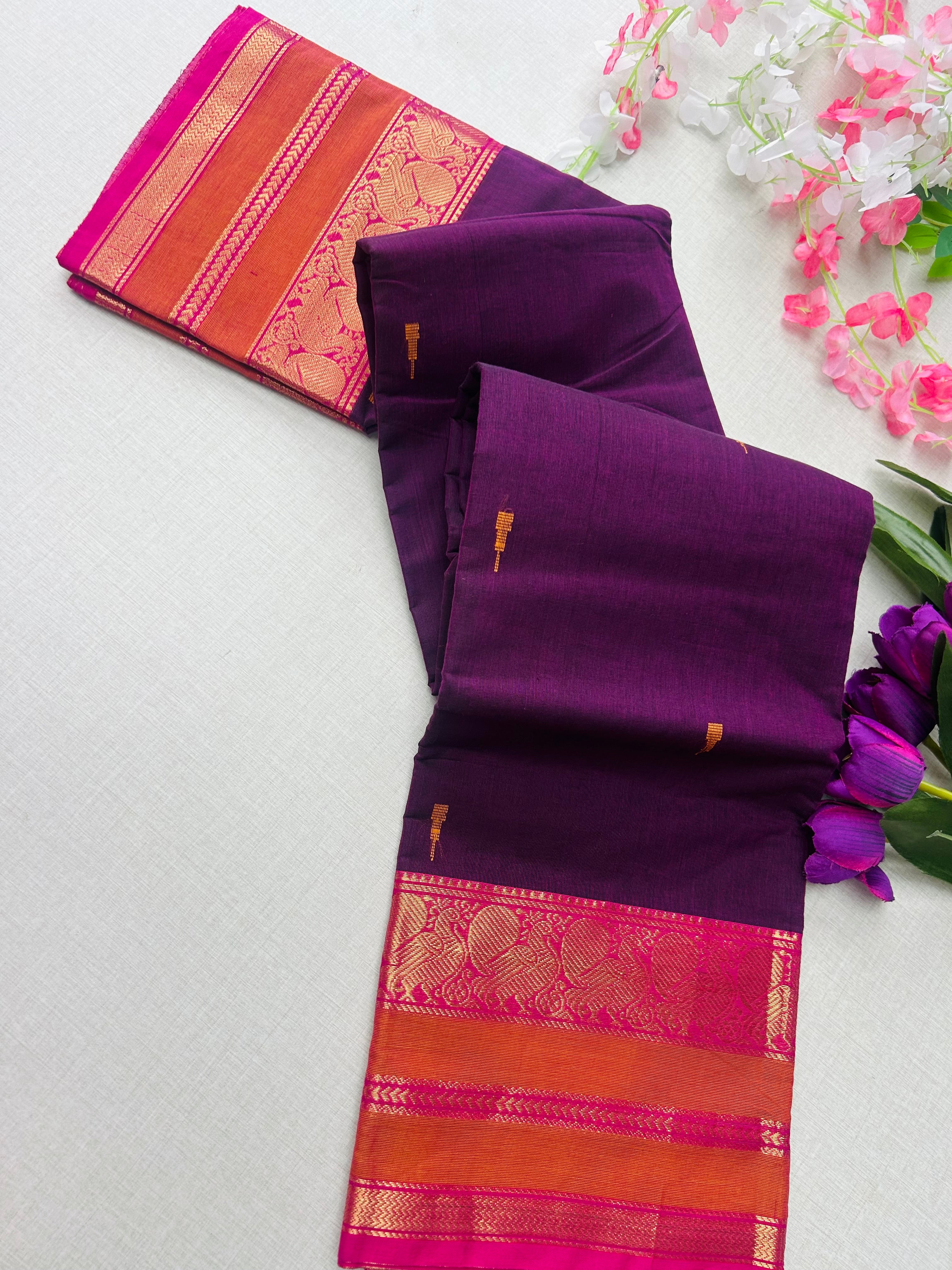 Premium Plum Purple Kanchi Cotton Saree with Rust Orange & Magenta Zari Border 120 count | KRISA COLLECTIONS