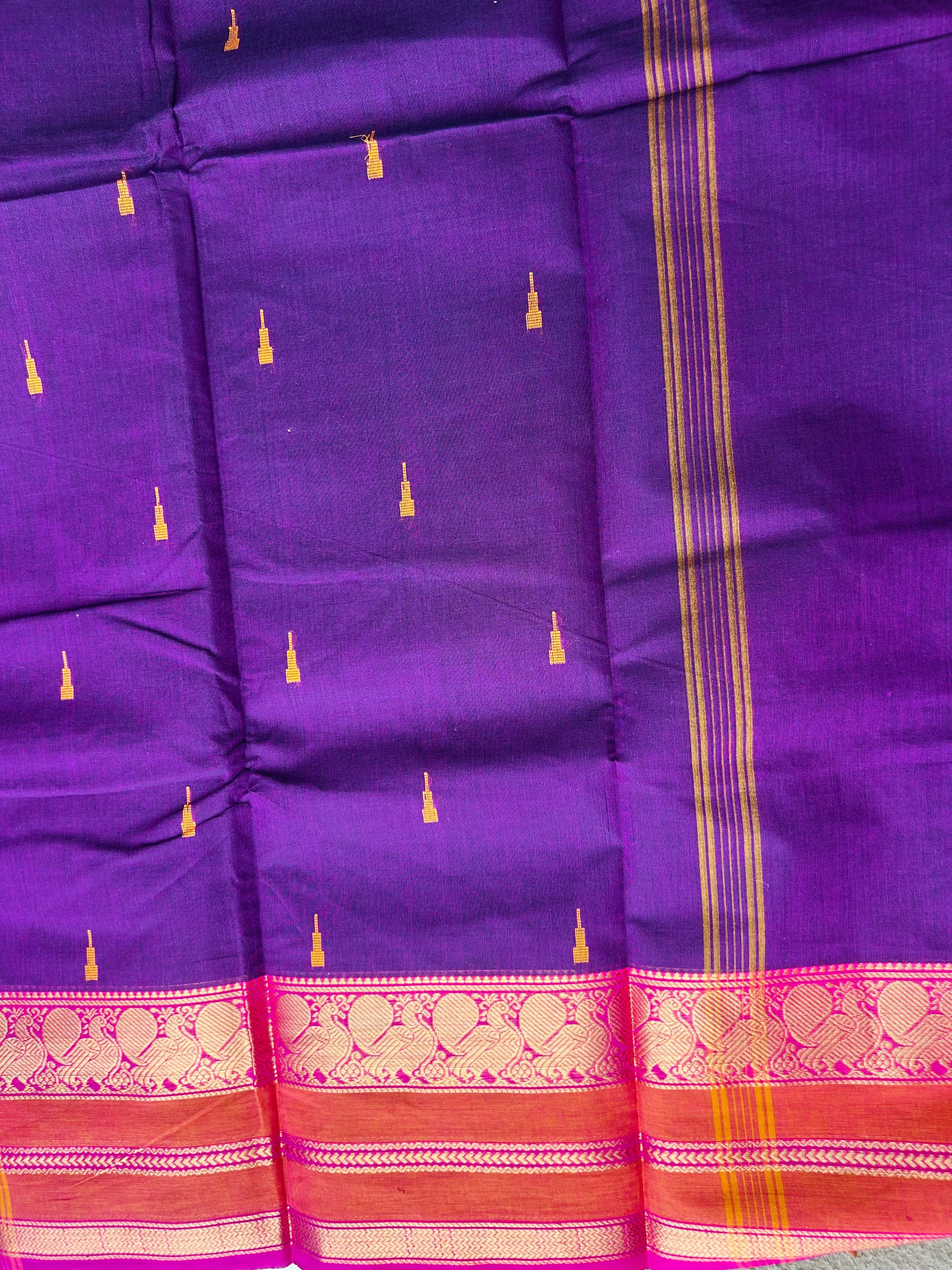 Premium Plum Purple Kanchi Cotton Saree with Rust Orange & Magenta Zari Border 120 count | KRISA COLLECTIONS