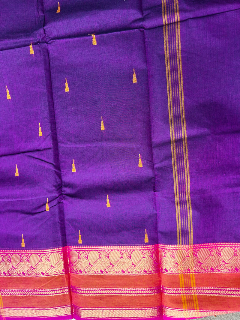 Premium Plum Purple Kanchi Cotton Saree with Rust Orange & Magenta Zari Border 120 count | KRISA COLLECTIONS