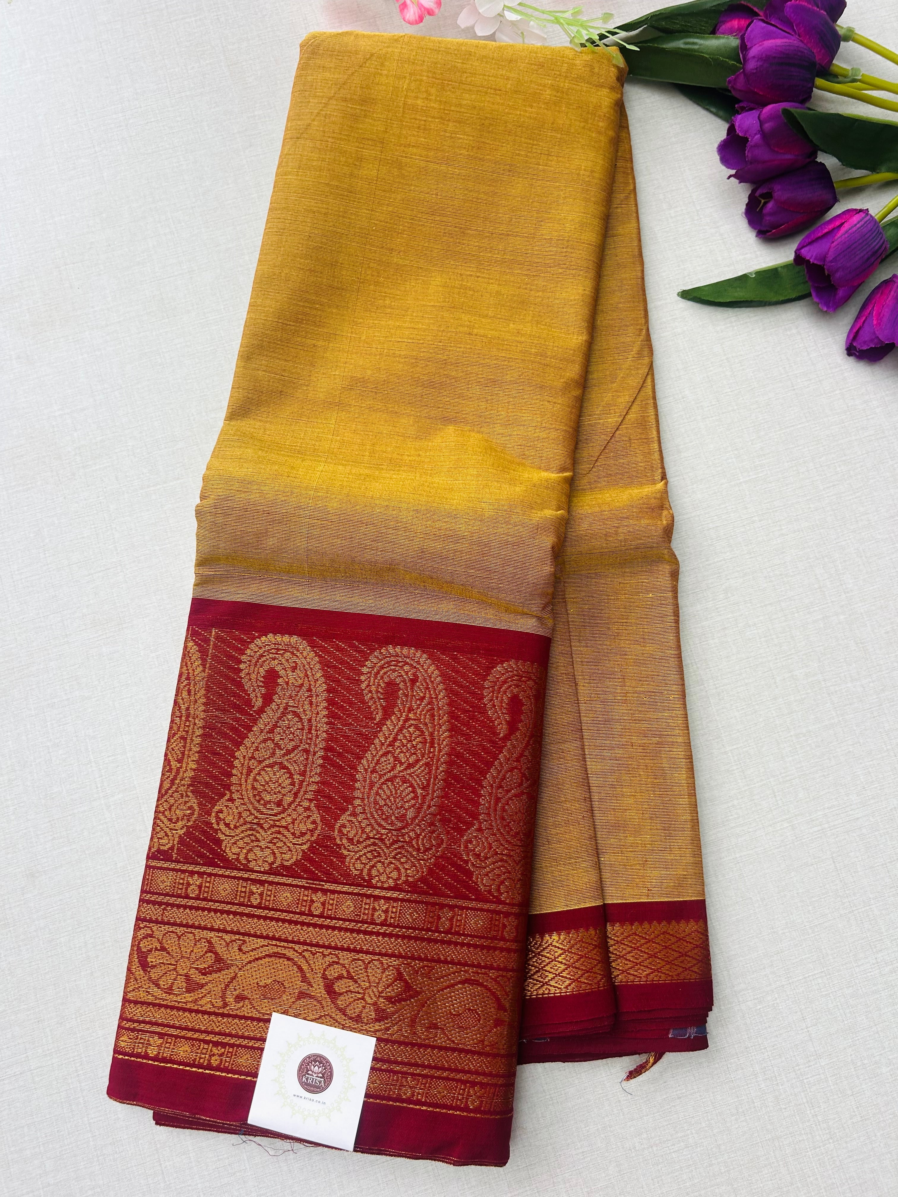 Golden Yellow Silk Saree with Maroon-Gold Zari Paisley Borde | KRISA COLLECTIONS