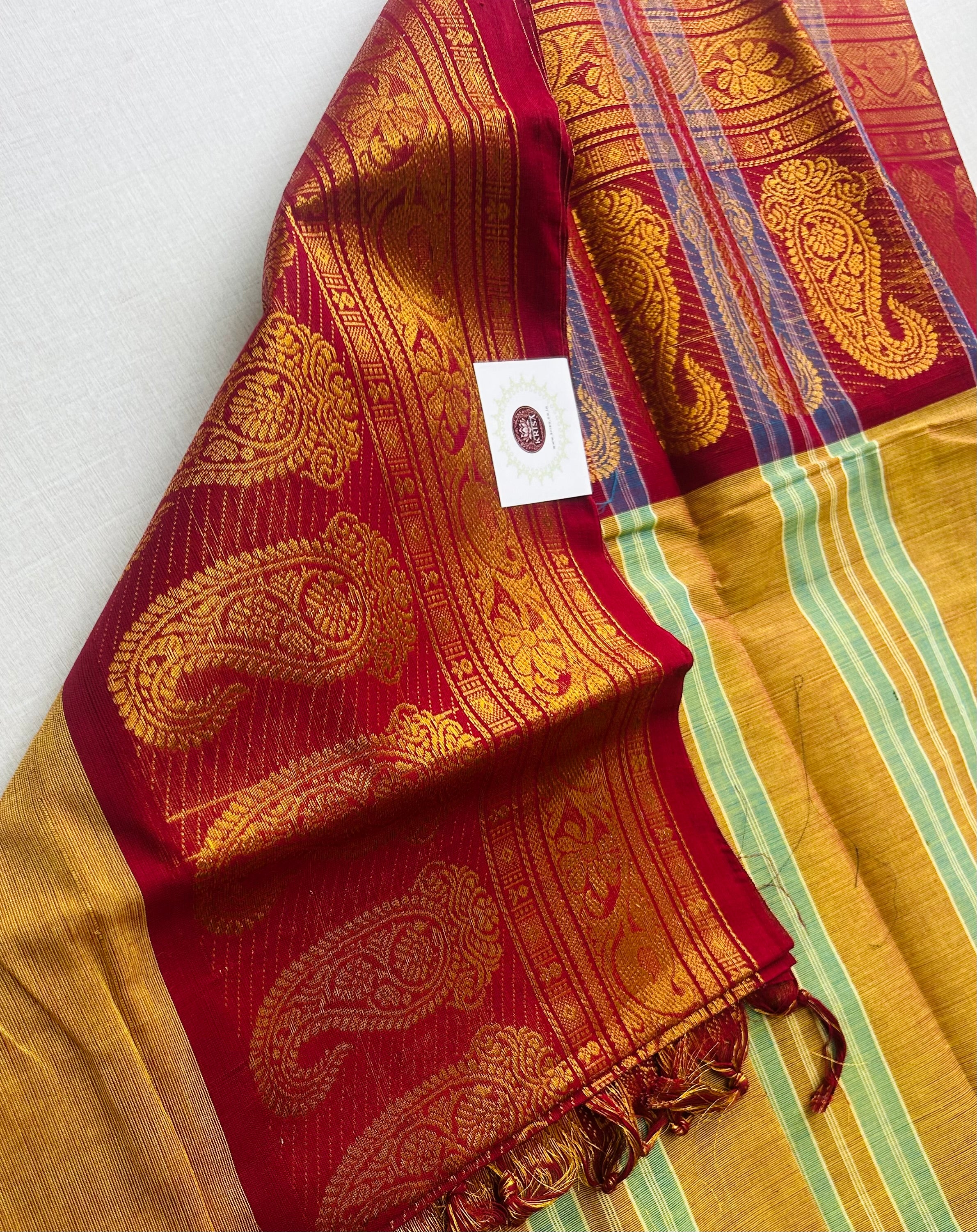 Golden Yellow Silk Saree with Maroon-Gold Zari Paisley Borde | KRISA COLLECTIONS