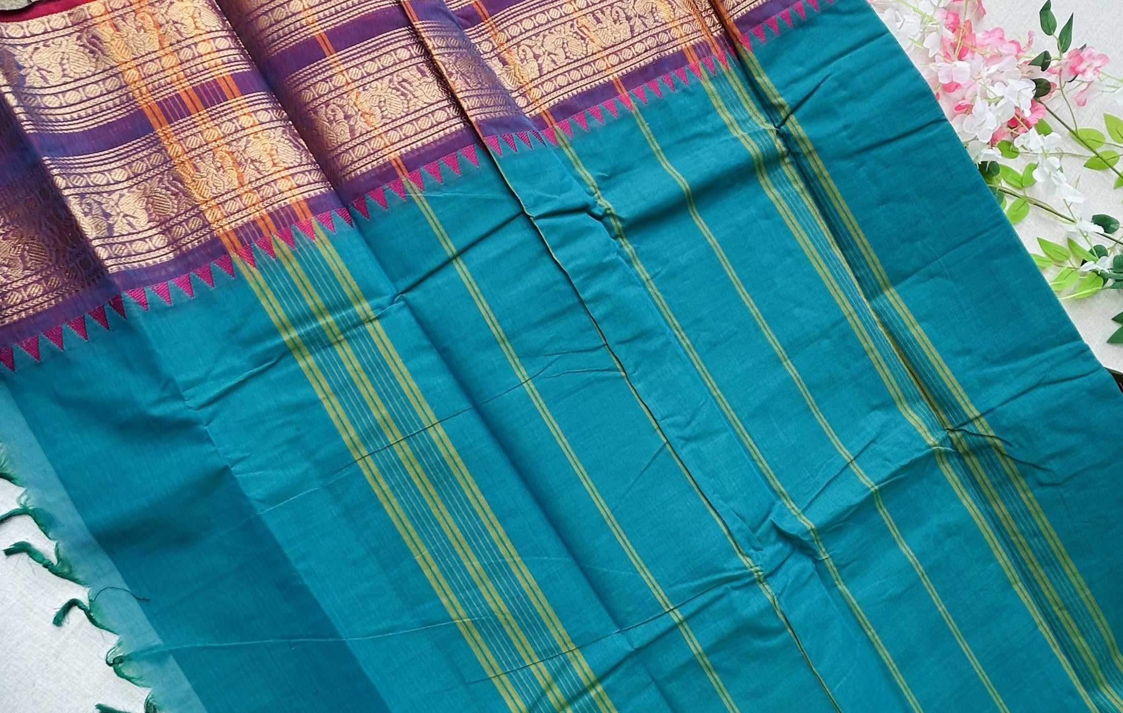 Premium Kanchi Cotton Saree with Rich Zari Elephant Border | KRISA COLLECTIONS