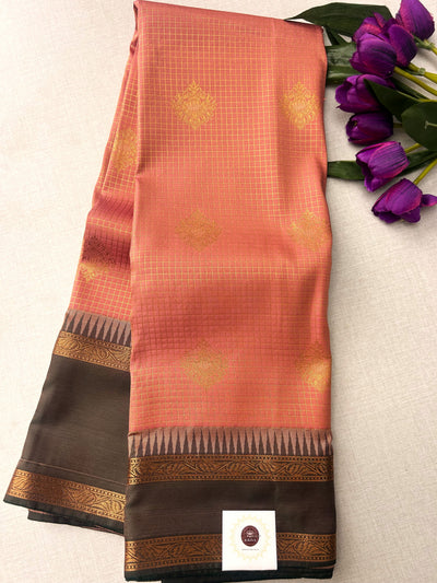 Peach-Pink Silk Saree with Black-Gold Zari Checked Body & Temple Border|Kanchipuram Handloom Silk|Krisa Collections