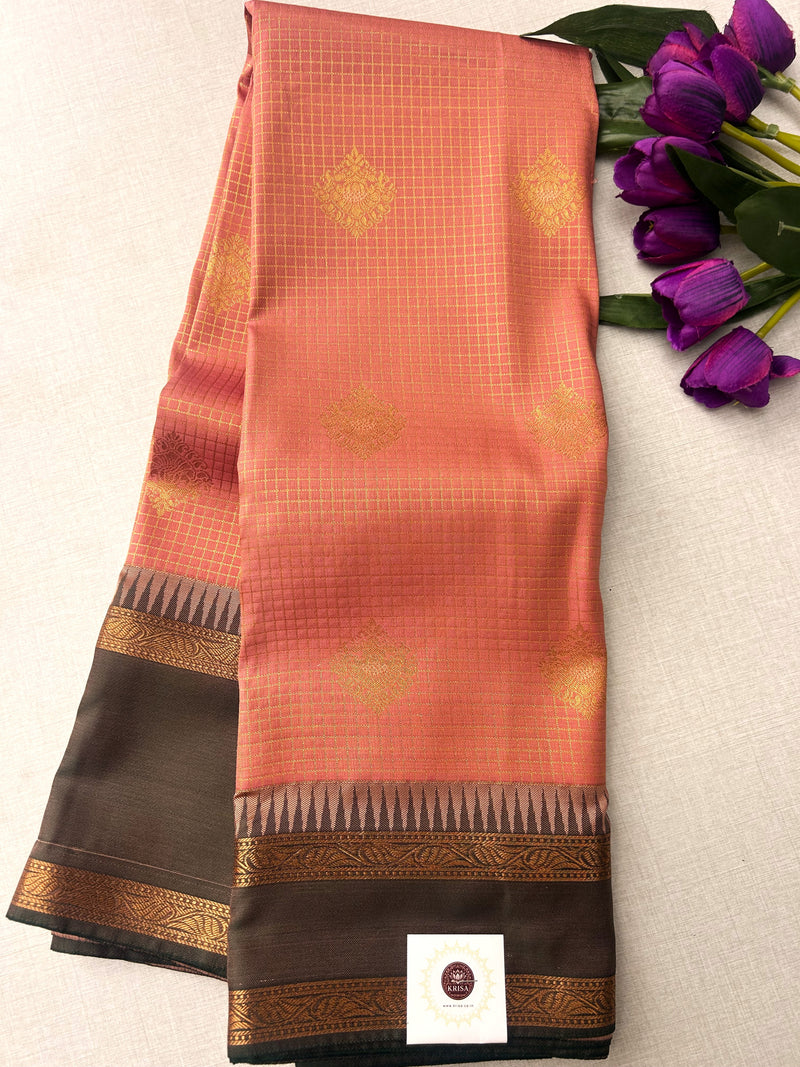 Peach-Pink Silk Saree with Black-Gold Zari Checked Body & Temple Border|Kanchipuram Handloom Silk|Krisa Collections