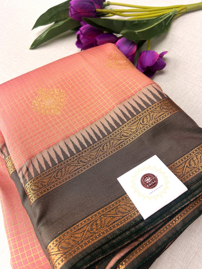 Peach-Pink Silk Saree with Black-Gold Zari Checked Body & Temple Border|Kanchipuram Handloom Silk|Krisa Collections