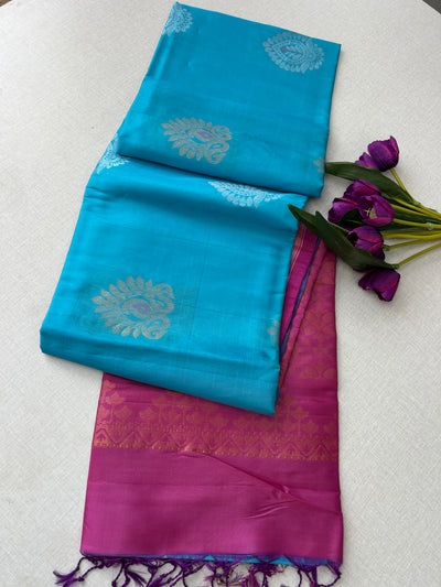 Kanchipuram Handloom Silk Saree – Sky Blue with Magenta Pink Contrast Pallu & Silver-Gold Paisley Motifs|Krisa Collections