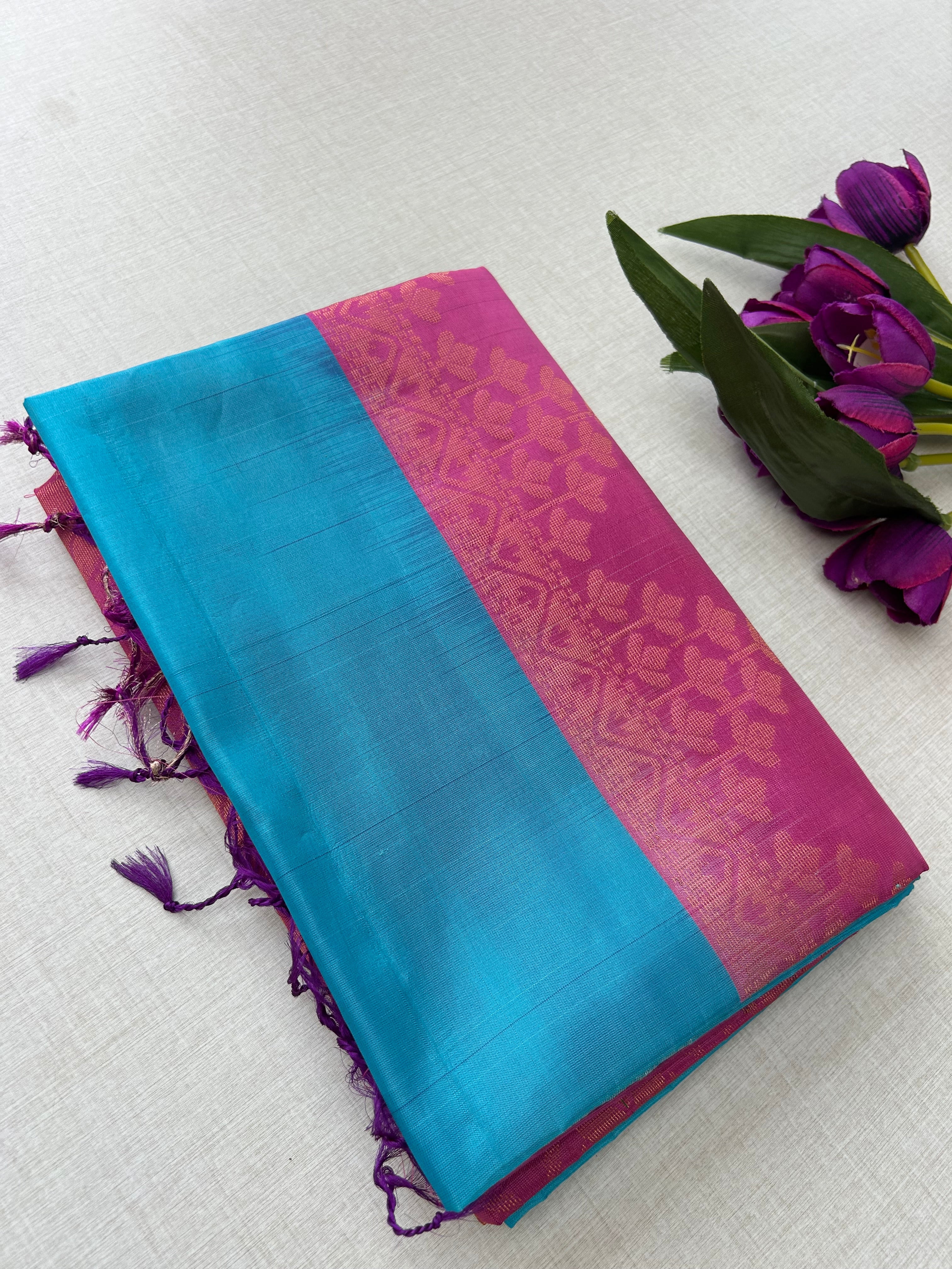 Kanchipuram Handloom Silk Saree – Sky Blue with Magenta Pink Contrast Pallu & Silver-Gold Paisley Motifs|Krisa Collections