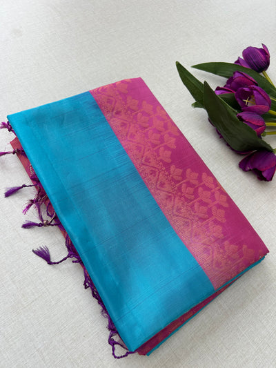Kanchipuram Handloom Silk Saree – Sky Blue with Magenta Pink Contrast Pallu & Silver-Gold Paisley Motifs|Krisa Collections