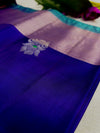 Kanchipuram Handloom Silk Saree – Royal Blue with Sea Green Contrast Pallu & Gold Zari Lattice Weave|Krisa Collections