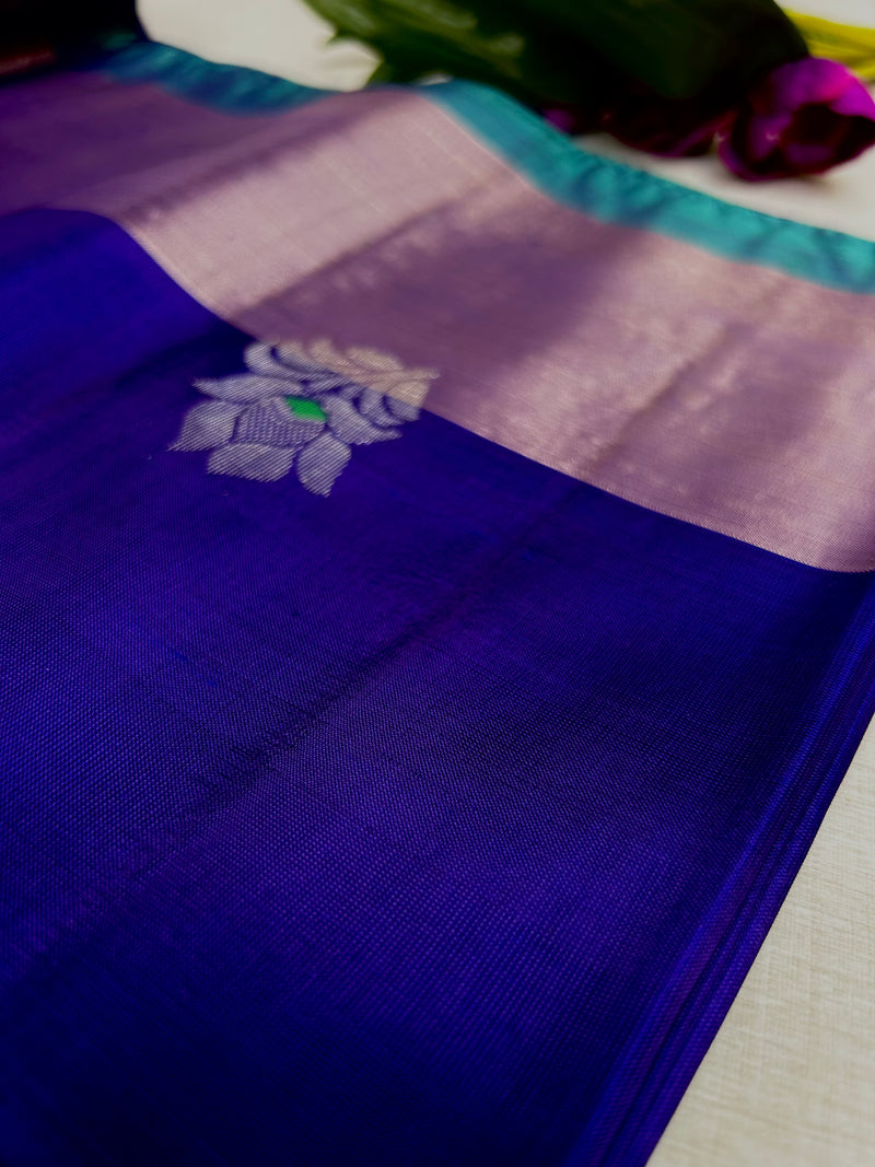 Kanchipuram Handloom Silk Saree – Royal Blue with Sea Green Contrast Pallu & Gold Zari Lattice Weave|Krisa Collections