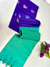 Kanchipuram Handloom Silk Saree – Royal Blue with Sea Green Contrast Pallu & Gold Zari Lattice Weave|Krisa Collections