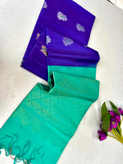 Kanchipuram Handloom Silk Saree – Royal Blue with Sea Green Contrast Pallu & Gold Zari Lattice Weave|Krisa Collections
