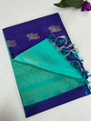 Kanchipuram Handloom Silk Saree – Royal Blue with Sea Green Contrast Pallu & Gold Zari Lattice Weave|Krisa Collections