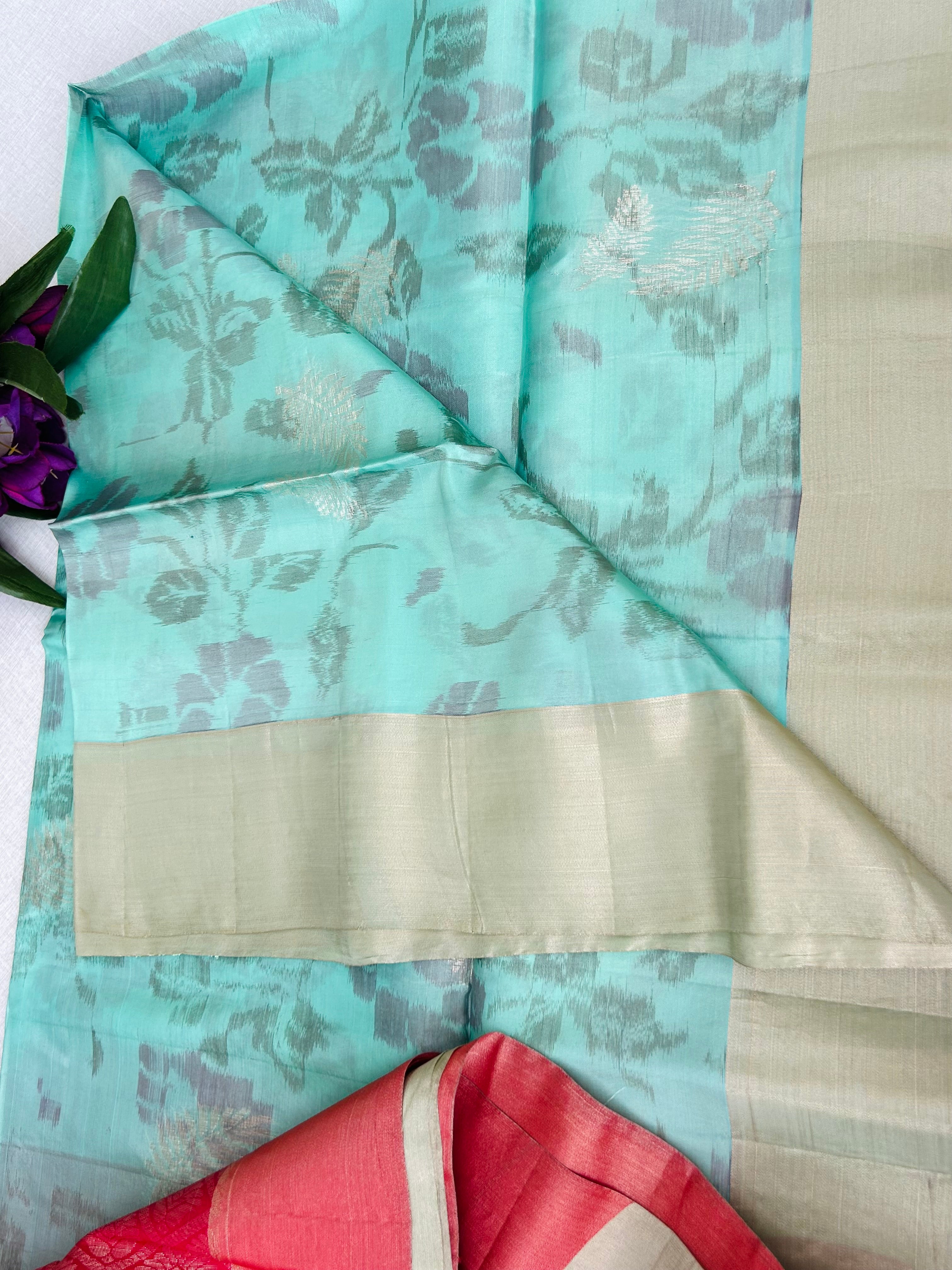 Kanchipuram Handloom Silk Saree – Sea Green with Pink Pallu & Gold Zari Border|Krisa Collections