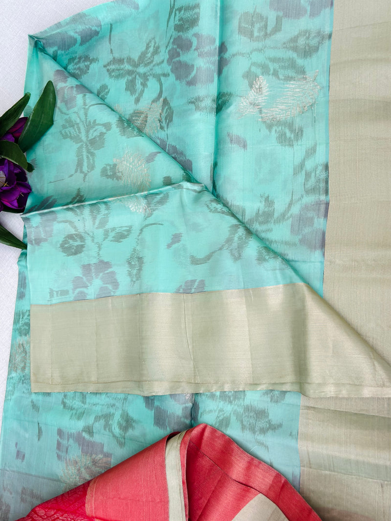 Kanchipuram Handloom Silk Saree – Sea Green with Pink Pallu & Gold Zari Border|Krisa Collections