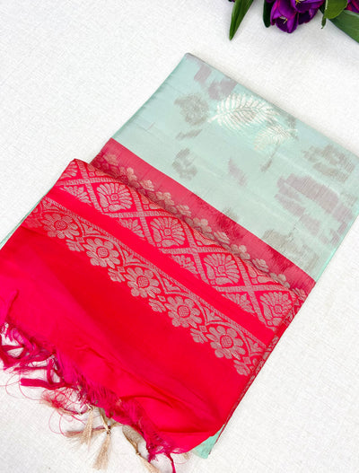 Kanchipuram Handloom Silk Saree – Sea Green with Pink Pallu & Gold Zari Border|Krisa Collections