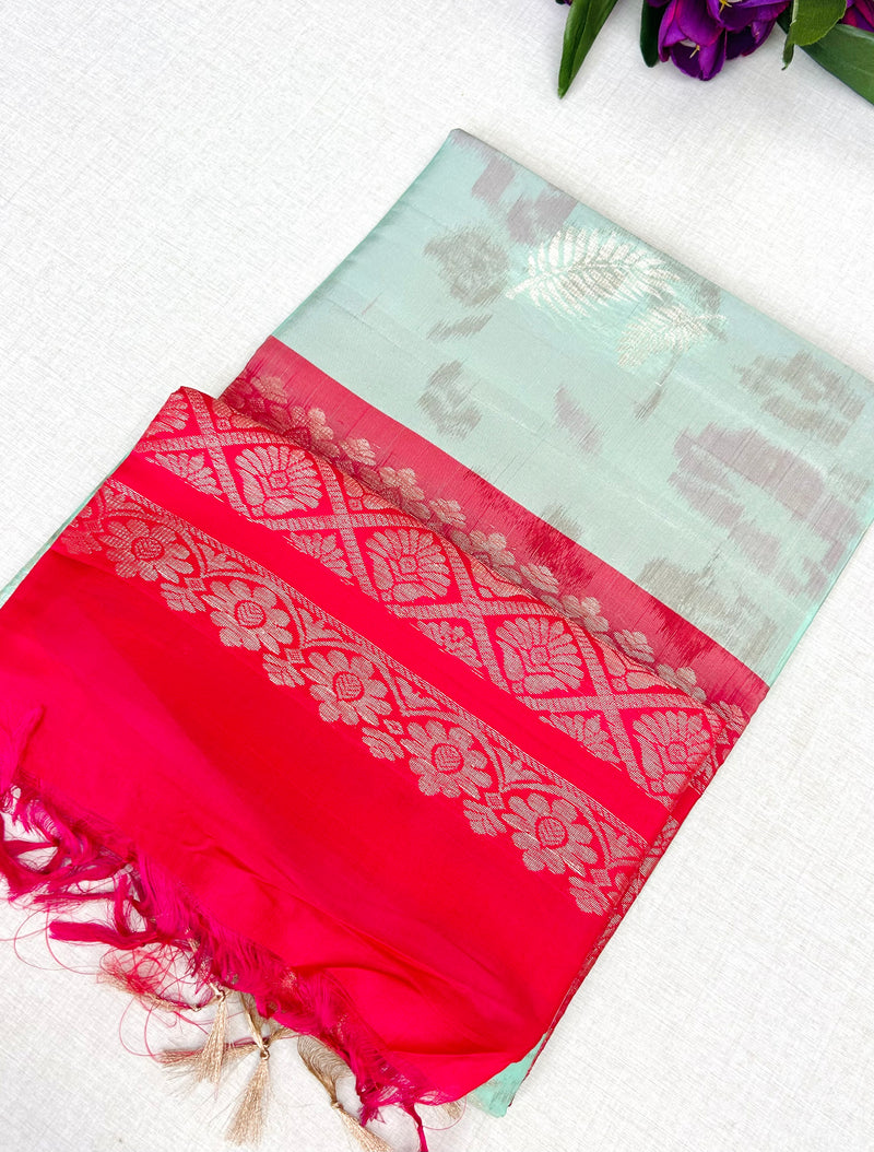 Kanchipuram Handloom Silk Saree – Sea Green with Pink Pallu & Gold Zari Border|Krisa Collections