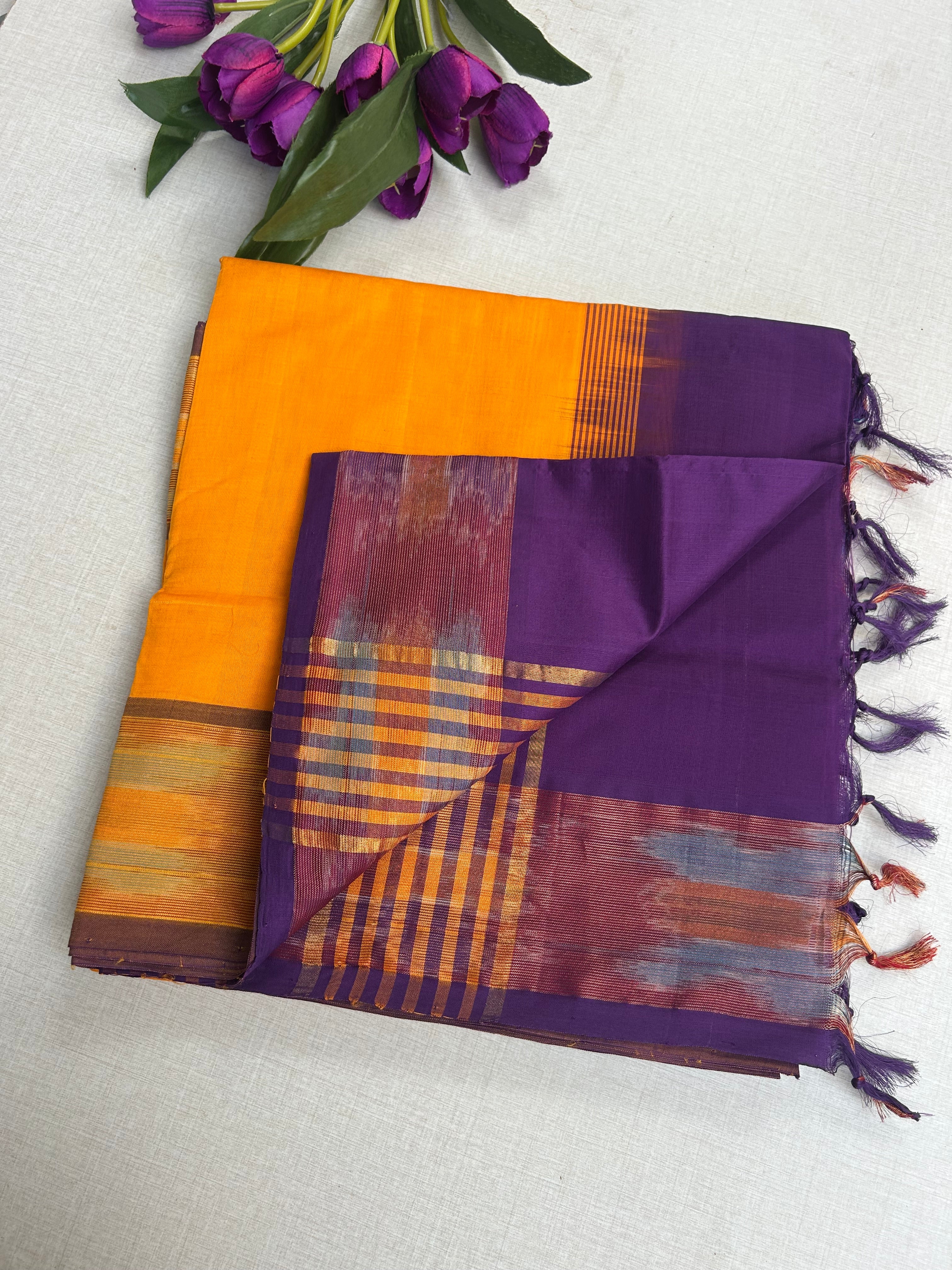 Pure Silk Cotton Handloom Saree – Mustard Yellow with Purple Pallu and Pochampally Ikat Border|Krisa Collections