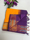 Pure Silk Cotton Handloom Saree – Mustard Yellow with Purple Pallu and Pochampally Ikat Border|Krisa Collections