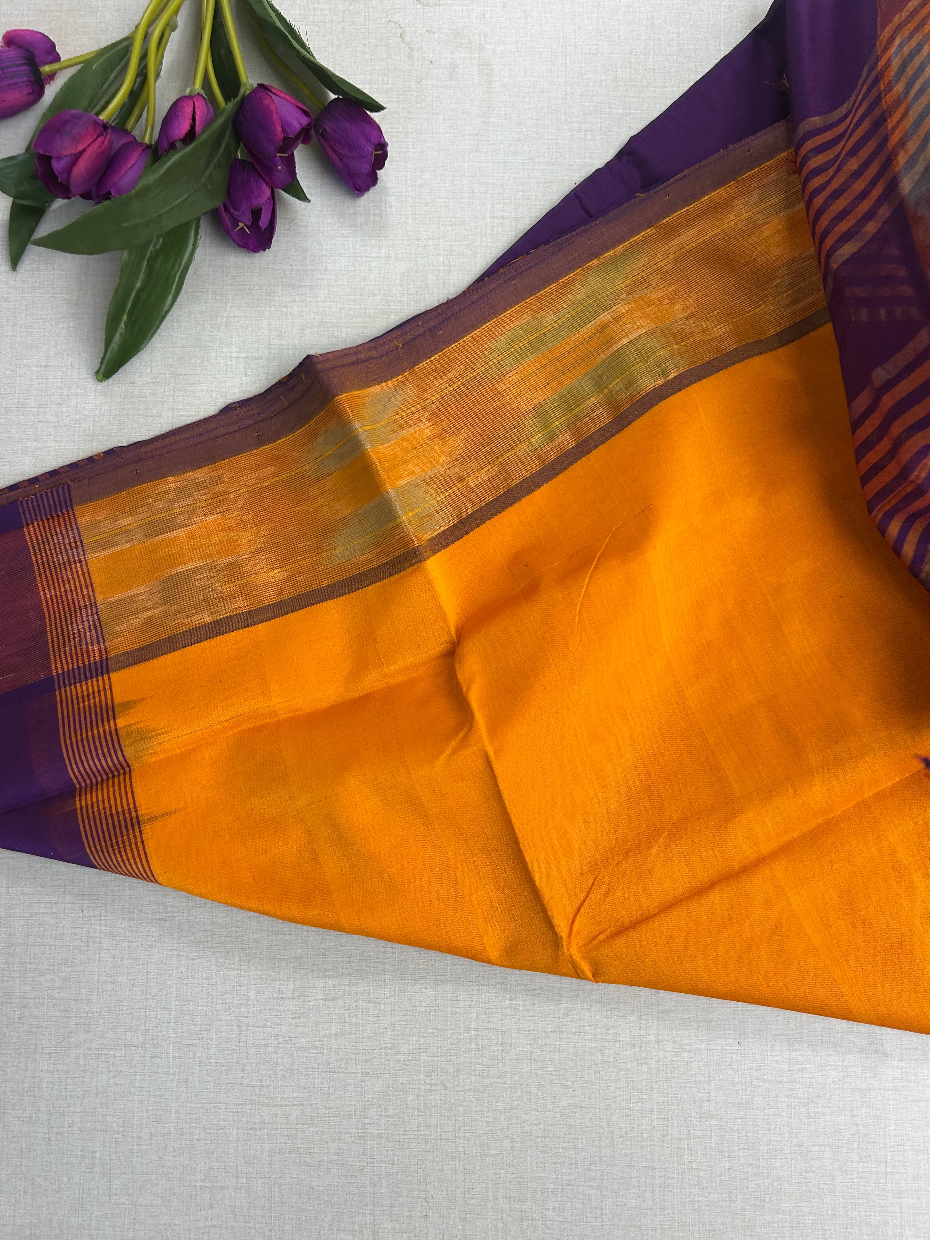 Pure Silk Cotton Handloom Saree – Mustard Yellow with Purple Pallu and Pochampally Ikat Border|Krisa Collections
