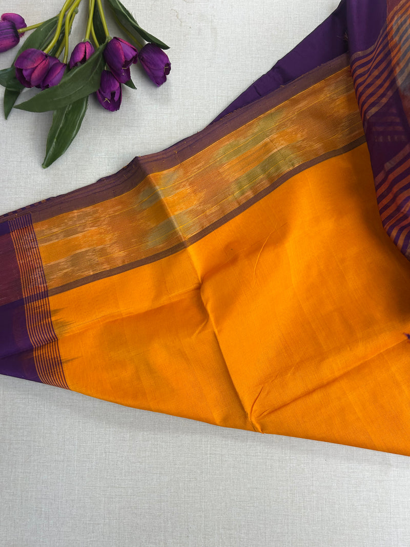 Pure Silk Cotton Handloom Saree – Mustard Yellow with Purple Pallu and Pochampally Ikat Border|Krisa Collections