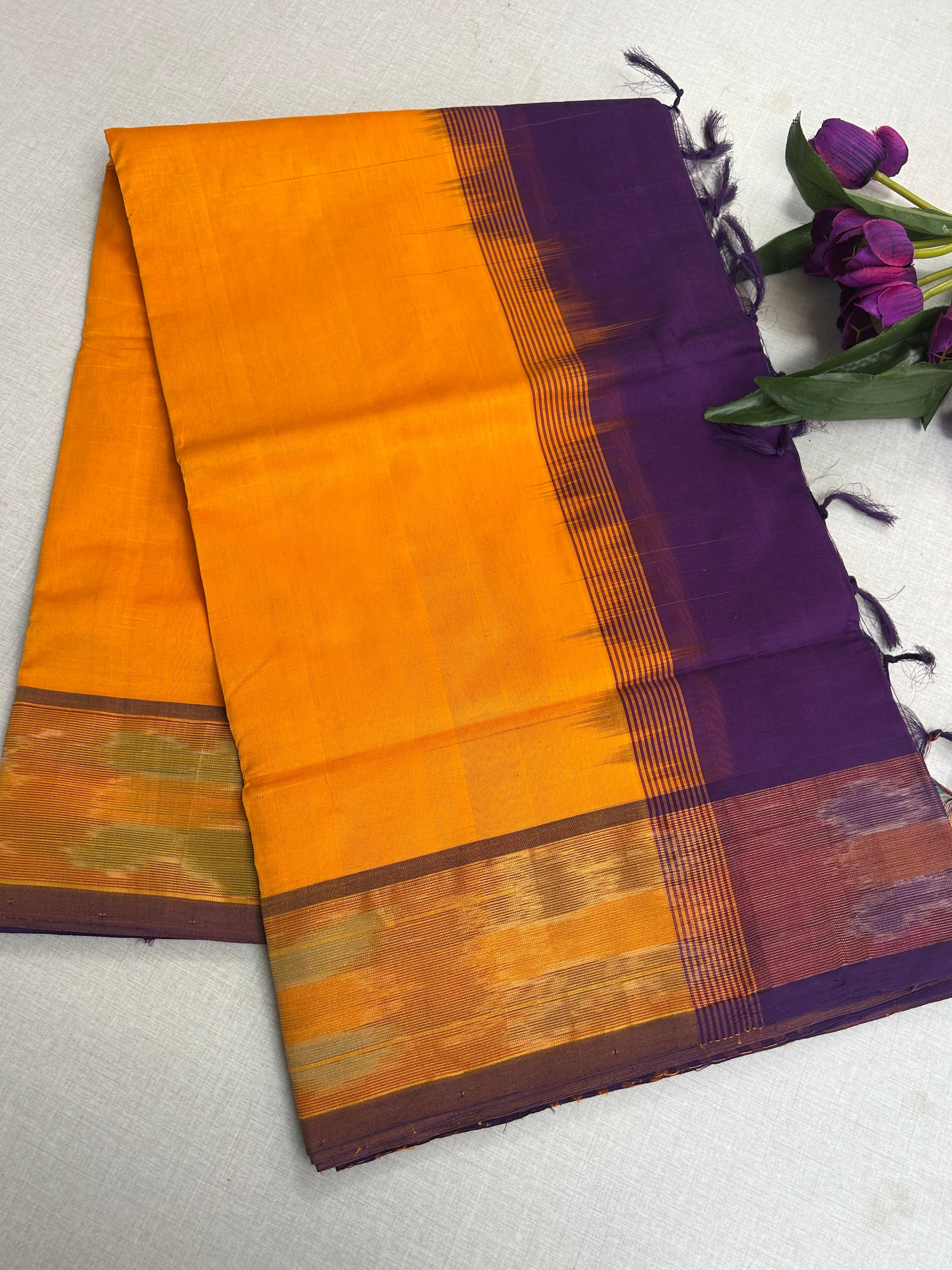 Pure Silk Cotton Handloom Saree – Mustard Yellow with Purple Pallu and Pochampally Ikat Border|Krisa Collections