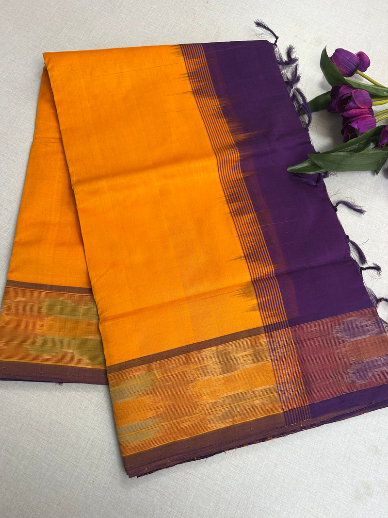 Pure Silk Cotton Handloom Saree – Mustard Yellow with Purple Pallu and Pochampally Ikat Border|Krisa Collections