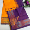 Pure Silk Cotton Handloom Saree – Mustard Yellow with Purple Pallu and Pochampally Ikat Border|Krisa Collections