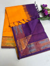 Pure Silk Cotton Handloom Saree – Mustard Yellow with Purple Pallu and Pochampally Ikat Border|Krisa Collections