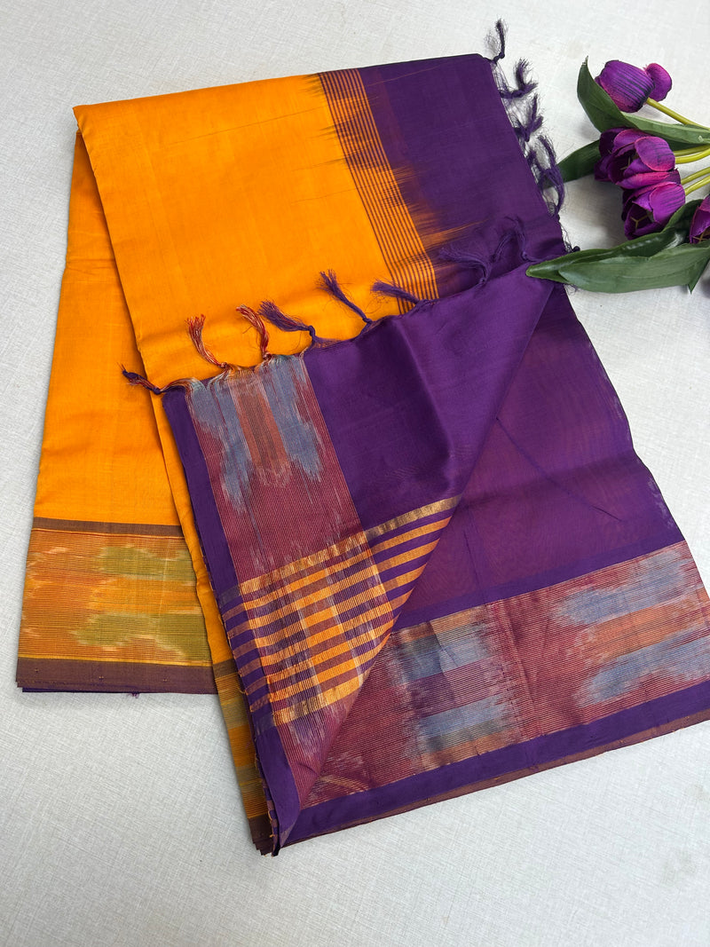 Pure Silk Cotton Handloom Saree – Mustard Yellow with Purple Pallu and Pochampally Ikat Border|Krisa Collections
