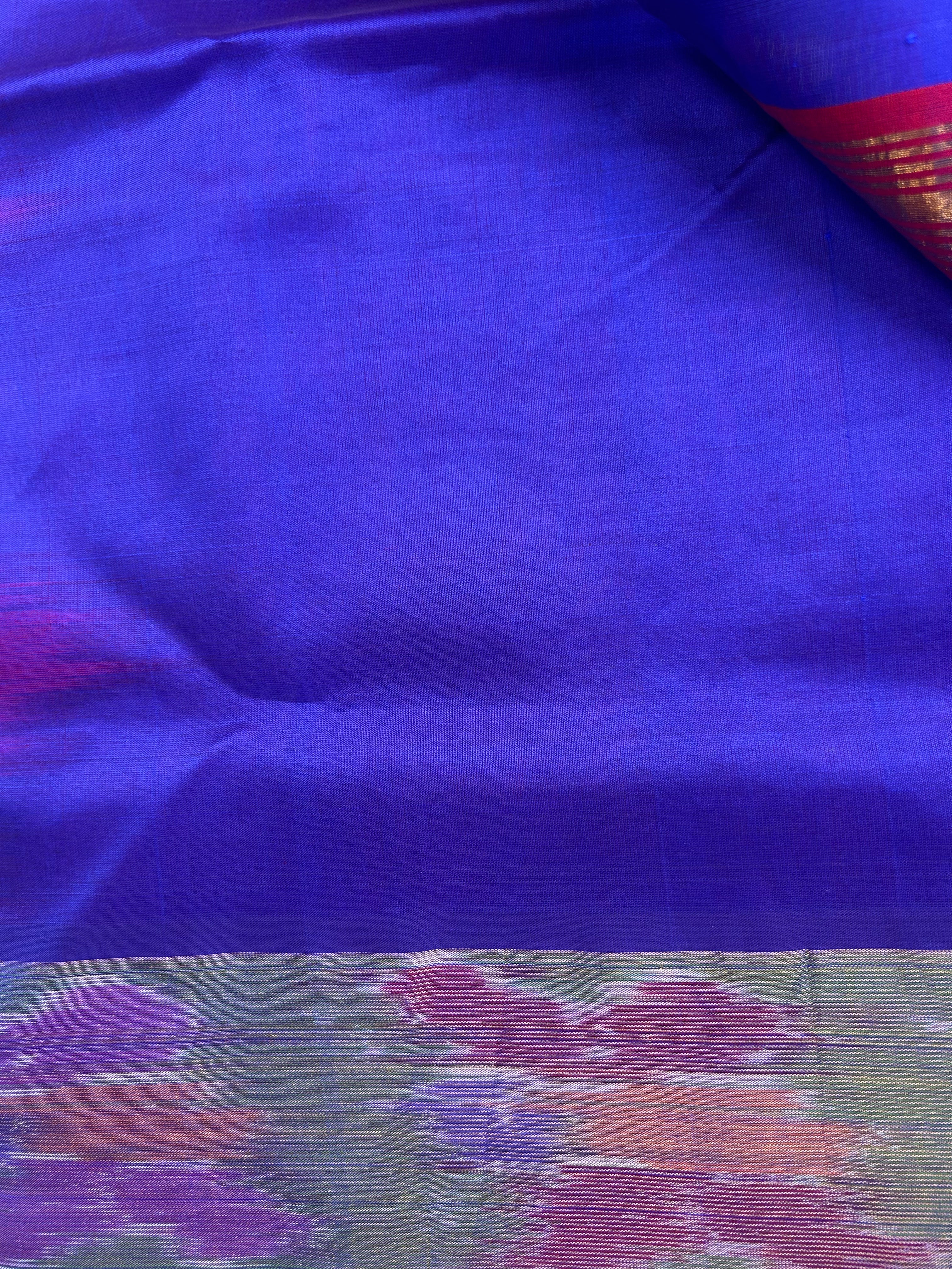 Pure Silk Cotton Handloom Saree – Royal Blue with Red Pallu and Pochampally Ikat Border|Krisa Collections
