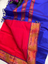 Pure Silk Cotton Handloom Saree – Royal Blue with Red Pallu and Pochampally Ikat Border|Krisa Collections