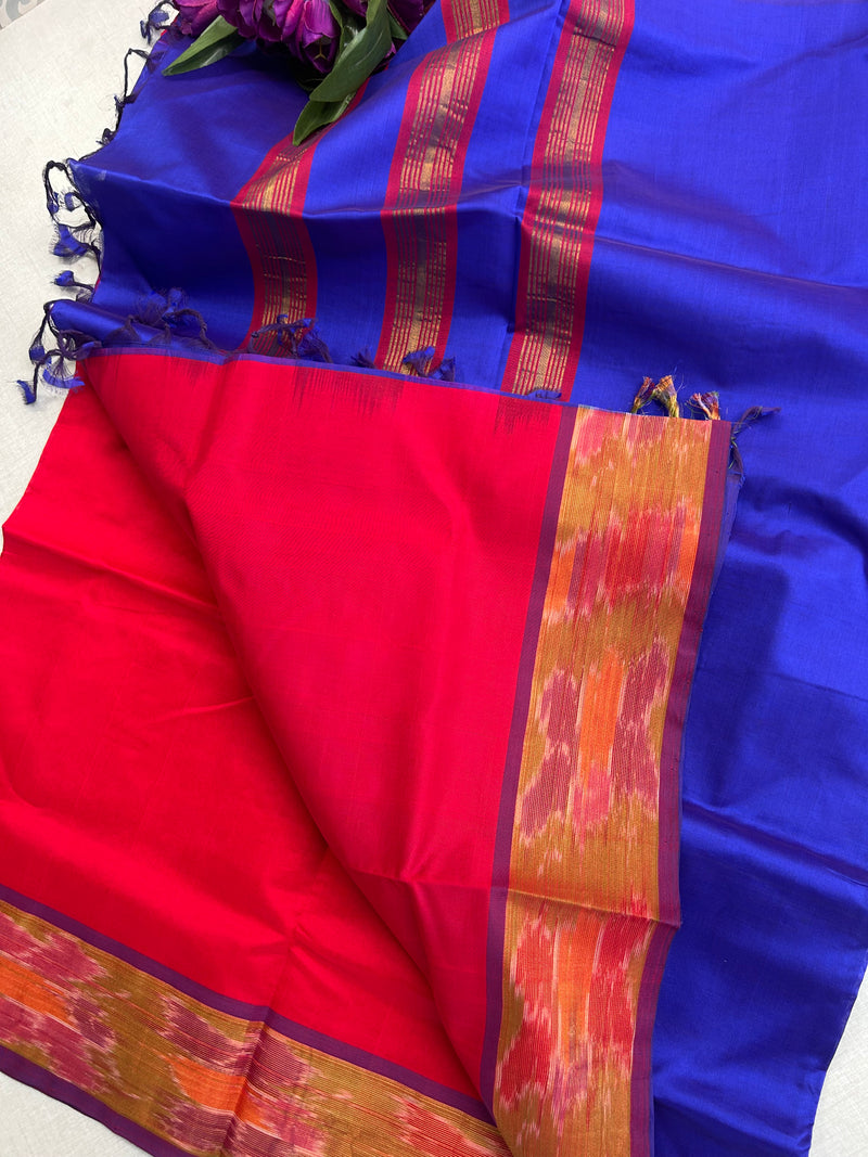 Pure Silk Cotton Handloom Saree – Royal Blue with Red Pallu and Pochampally Ikat Border|Krisa Collections