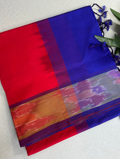 Pure Silk Cotton Handloom Saree – Royal Blue with Red Pallu and Pochampally Ikat Border|Krisa Collections